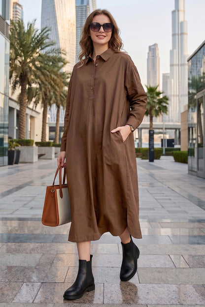 Coffee Cotton Collar Midi Dress