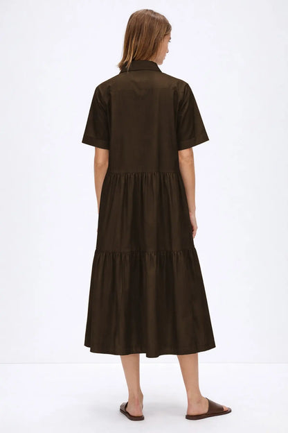 Coffee Button Tiered Midi Dress SNEHA B