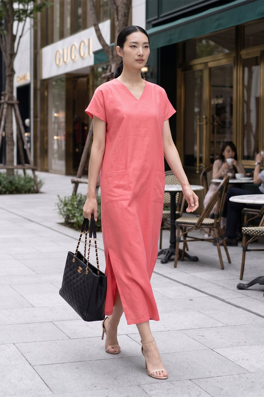 Coral Front Pocket Slit Dress