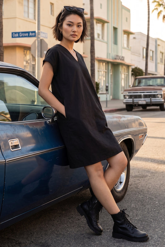 Cotton Linen Black Mini Dress