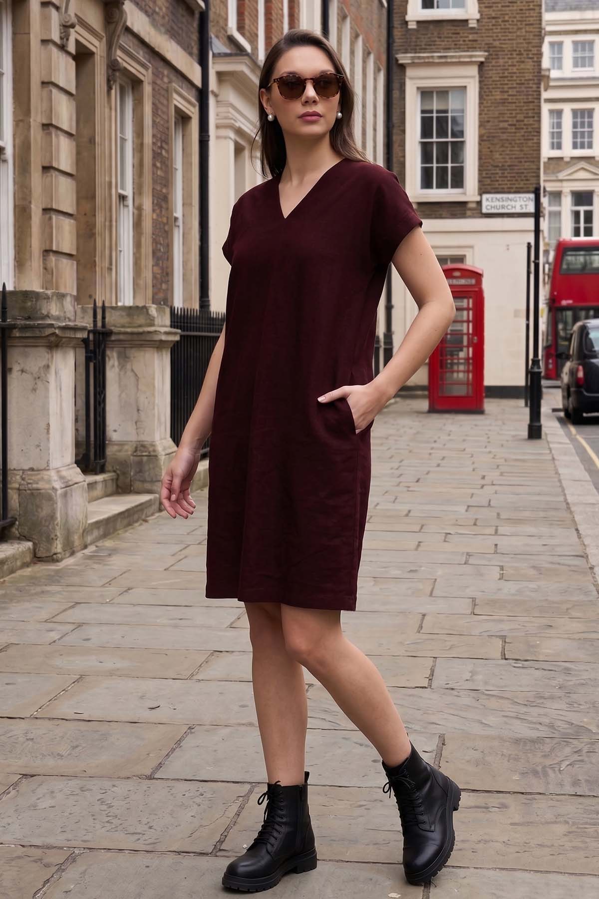 Cotton Linen Wine Mini Dress