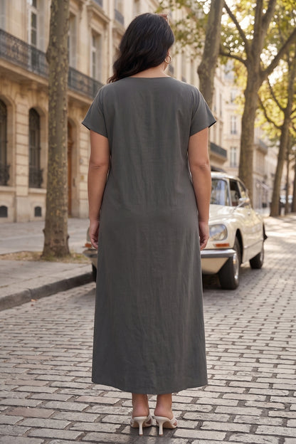 Dark Grey Cotton Button Dress