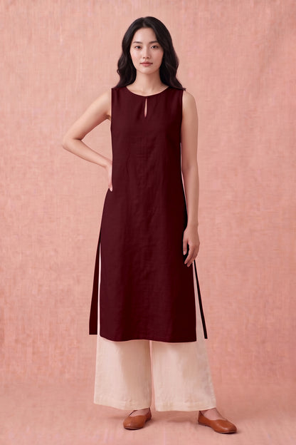 Deep Wine Cotton Linen Kurta Set