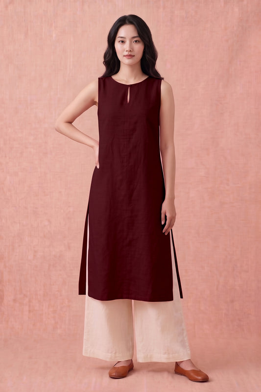 Deep Wine Cotton Linen Kurta Set