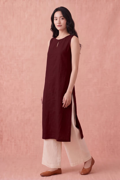 Deep Wine Cotton Linen Kurta Set