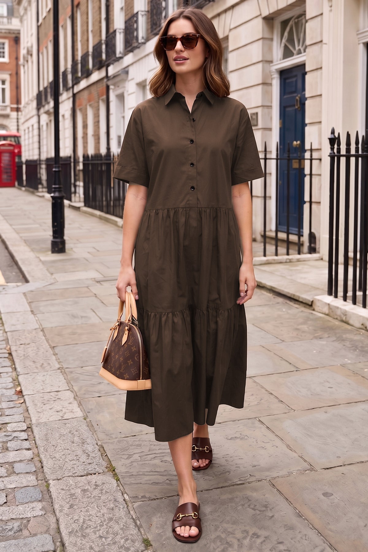 Coffee Button Tiered Midi Dress