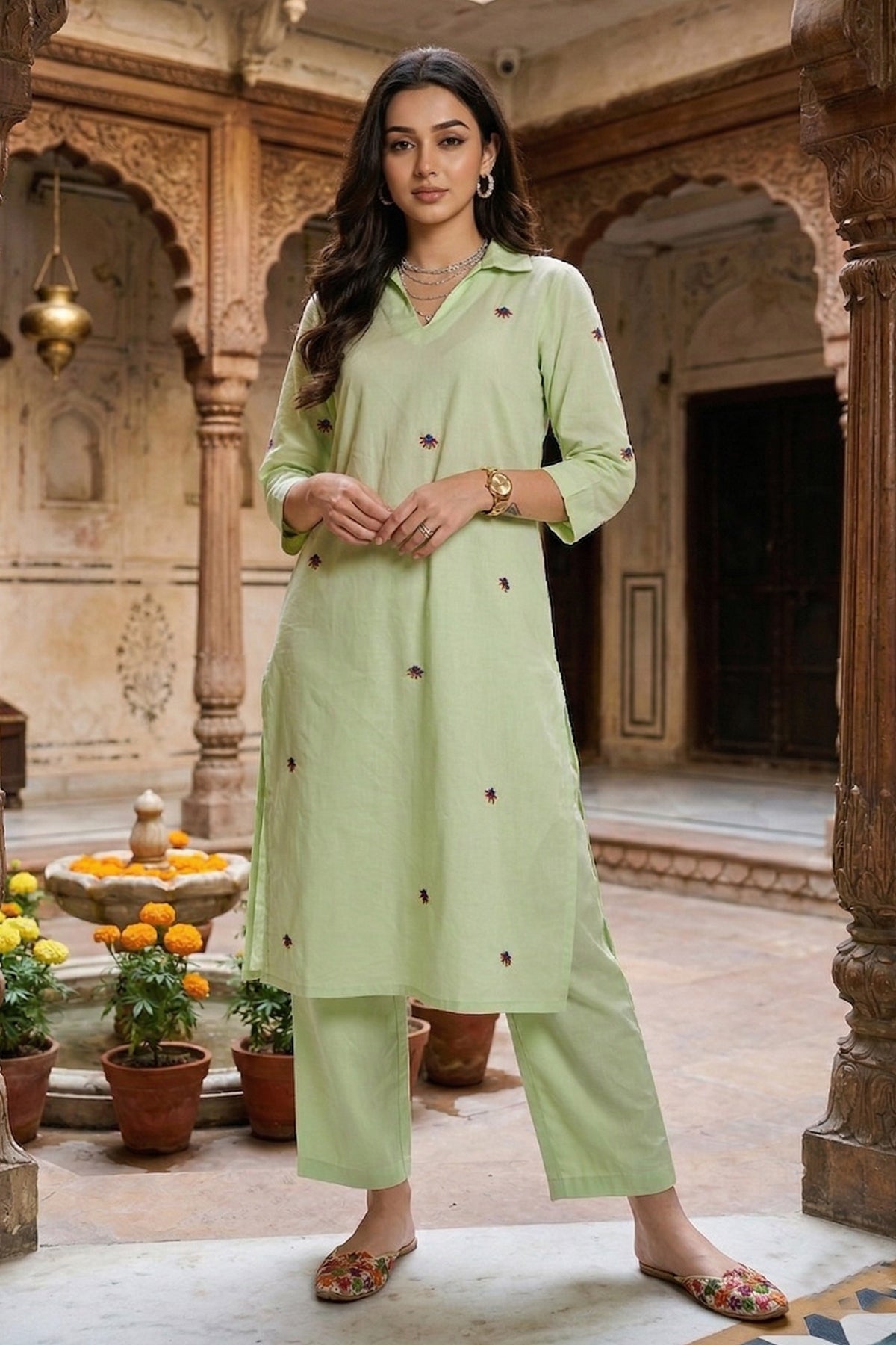 Embroidered Green Kurta & Pant
