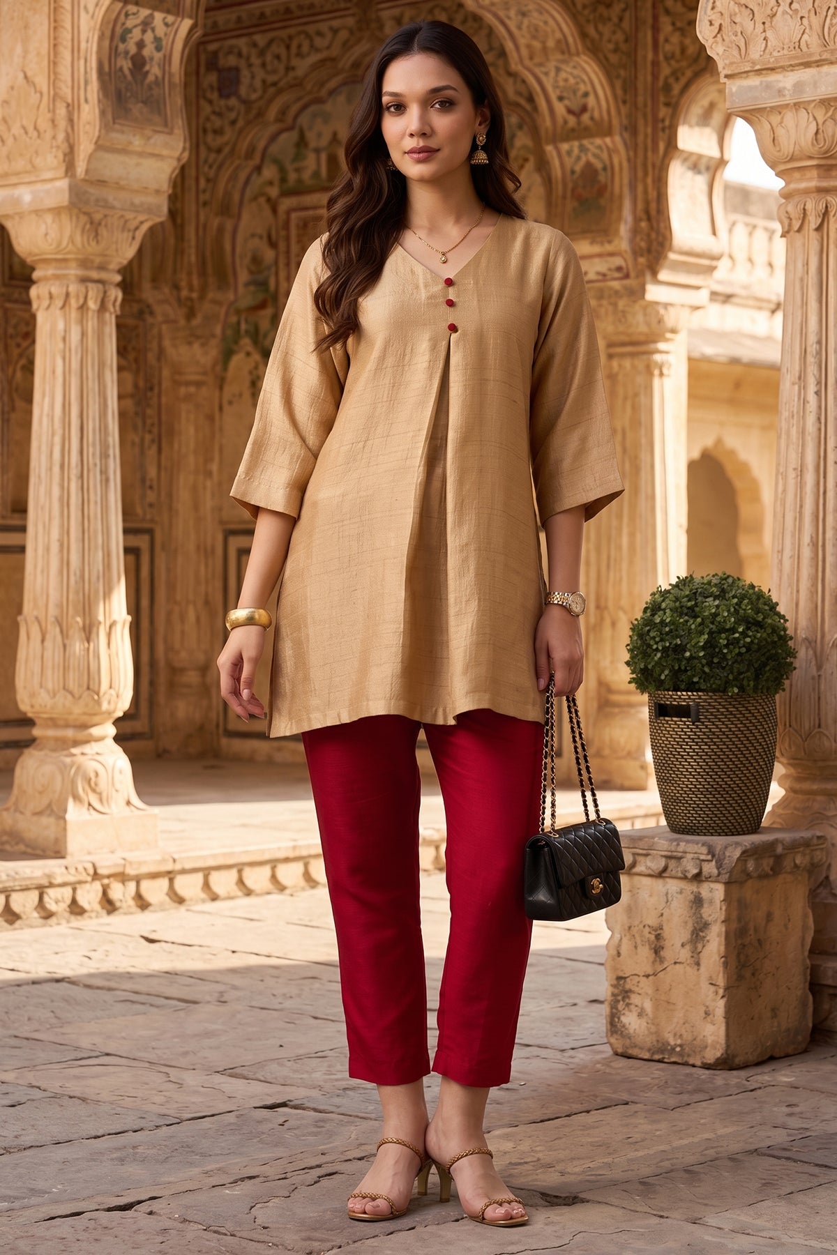 Gold Beige Silk Short Tunic Set