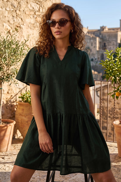 Green Cotton Linen Flare Dress