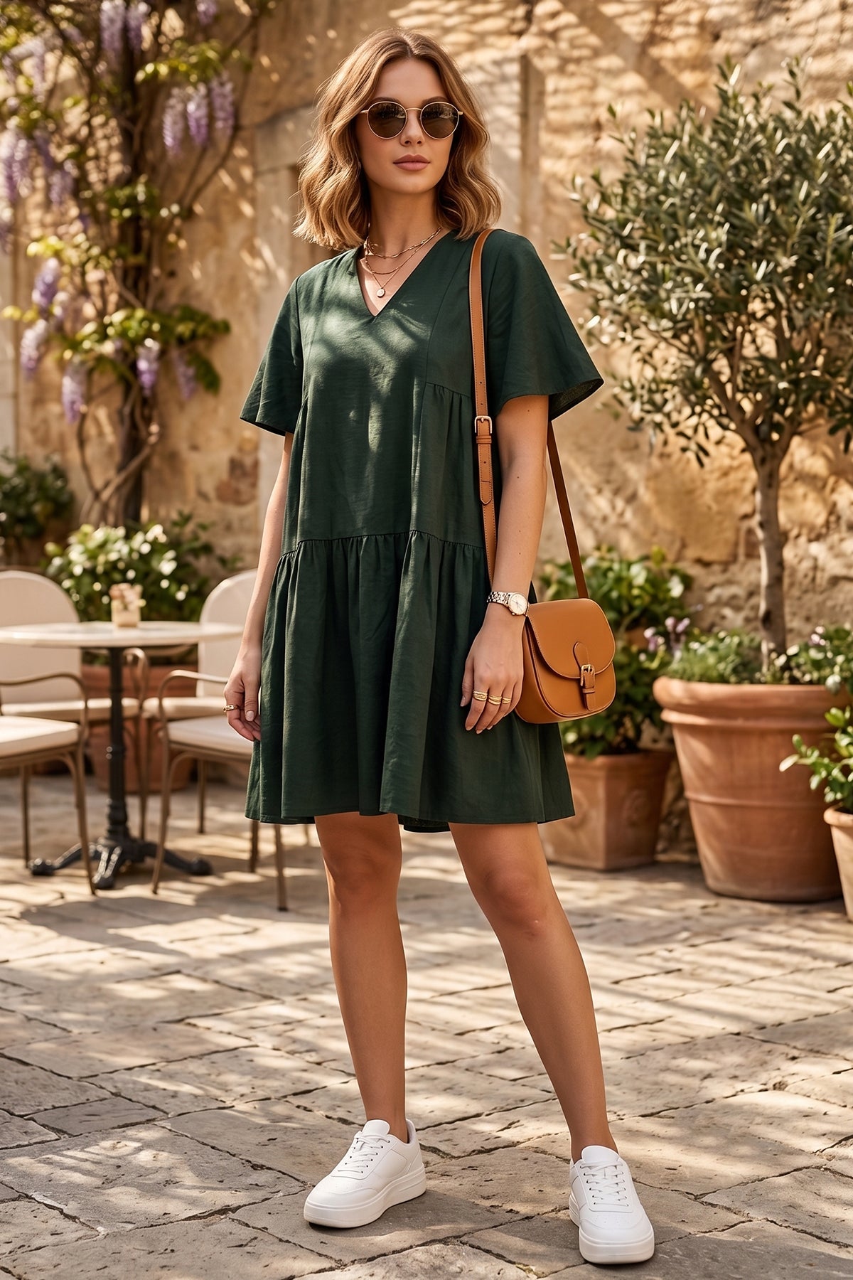 Green Cotton Linen Flare Dress