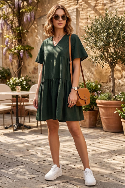 Green Cotton Linen Flare Dress