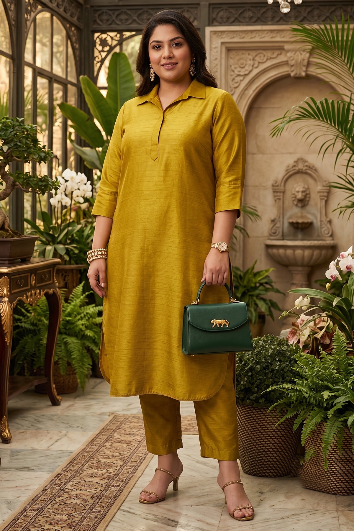 Green Silk Collar Kurta & Pants