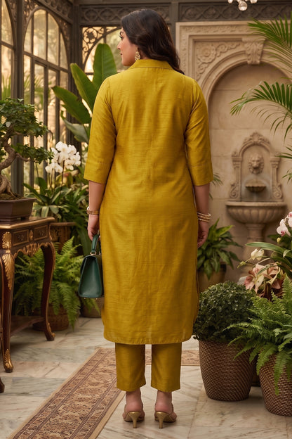 Green Silk Collar Kurta & Pants