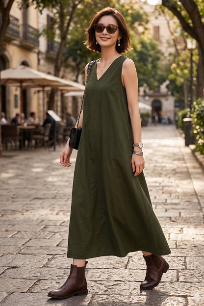 Green A-Line Cotton Maxi Dress