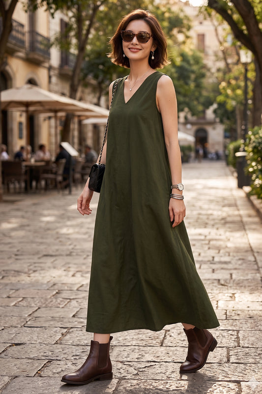 Green A-Line Cotton Maxi Dress