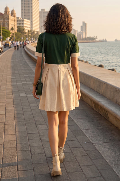 Green & Beige Colorblock Dress