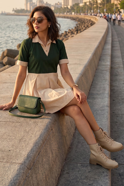 Green & Beige Colorblock Dress