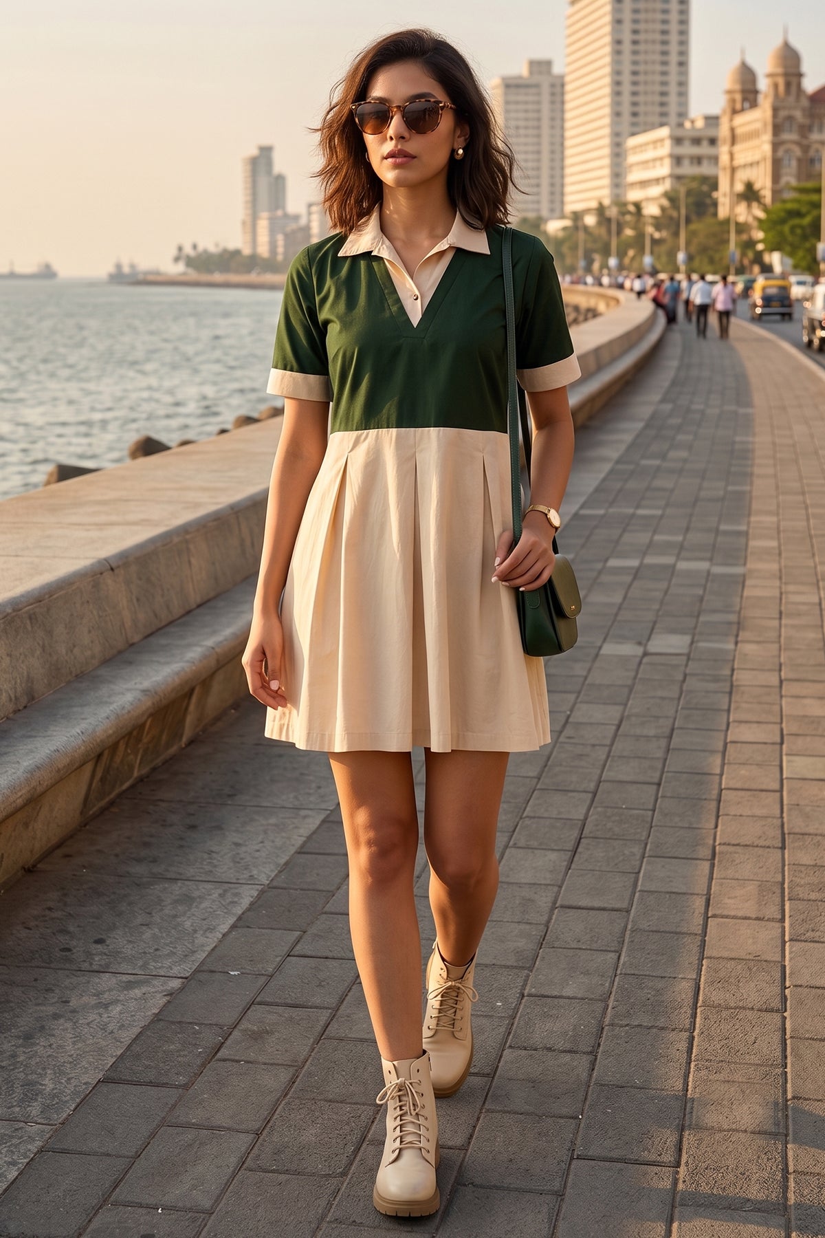 Green & Beige Colorblock Dress