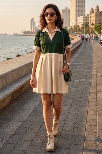 Green & Beige Colorblock Dress