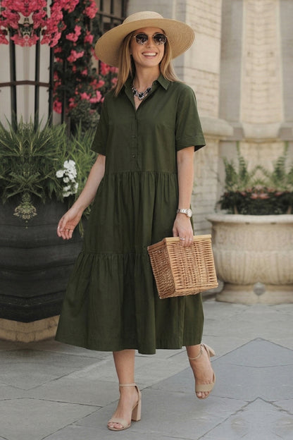 Green Button Tiered Midi Dress