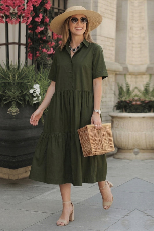 Green Button Tiered Midi Dress
