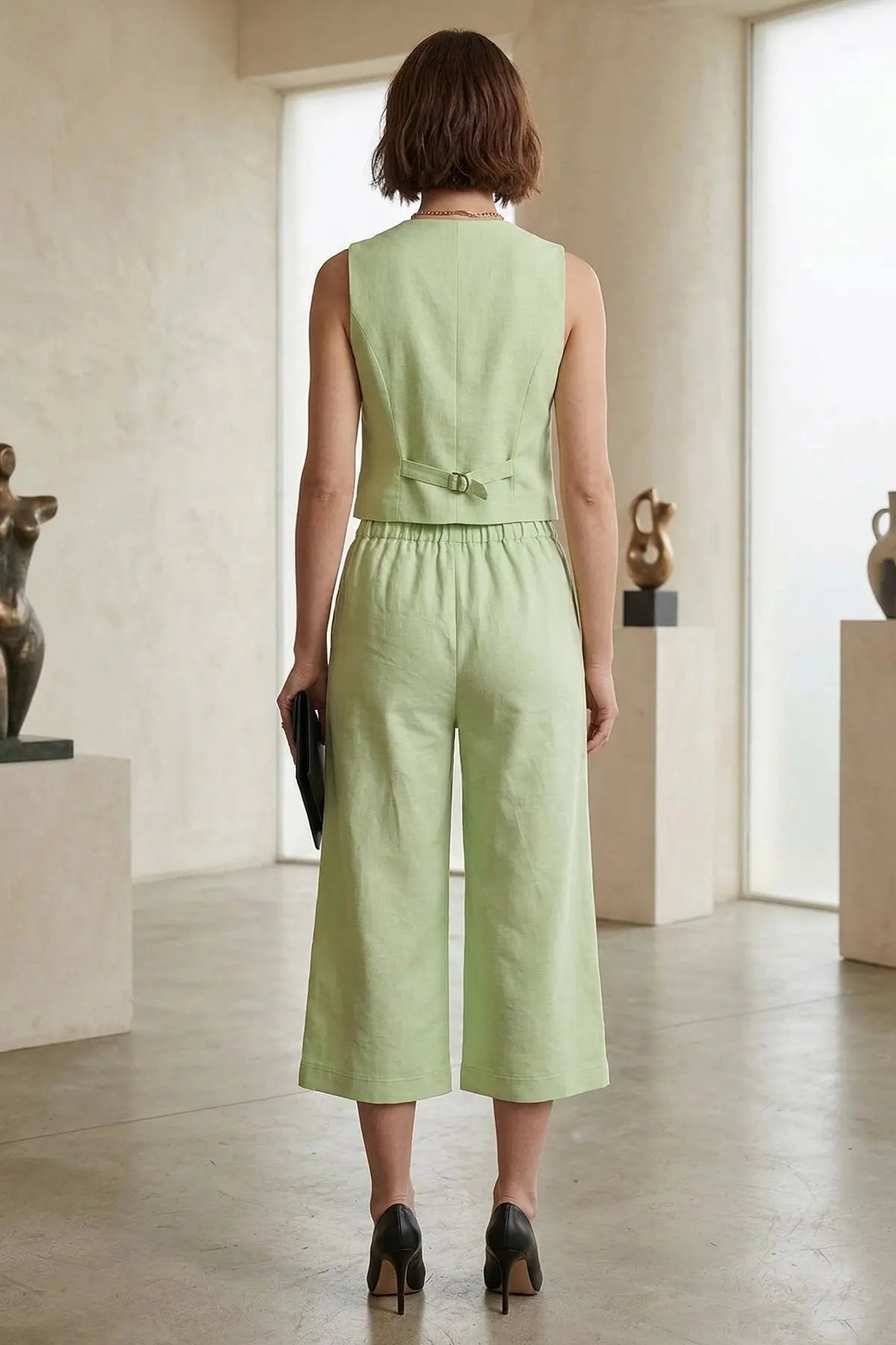 Green Cotton Linen Flare Pant SNEHA B