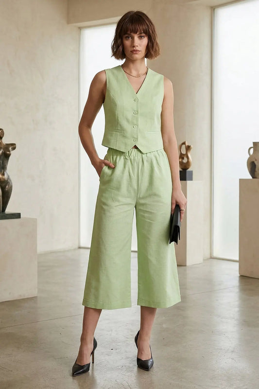 Green Cotton Linen Flare Pant SNEHA B