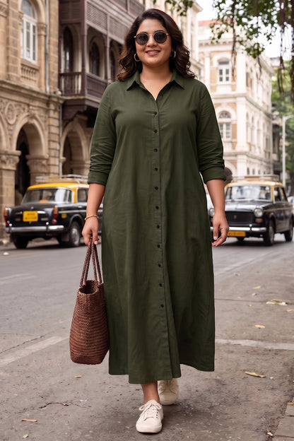 Green Cotton Maxi Shirt Dress