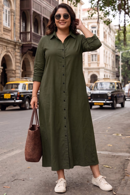 Green Cotton Maxi Shirt Dress