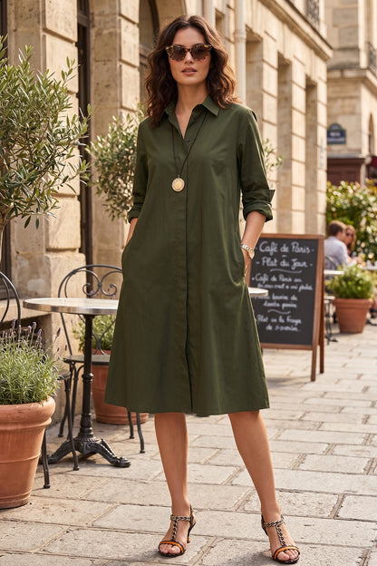 Green Knee Length Shirt Dress