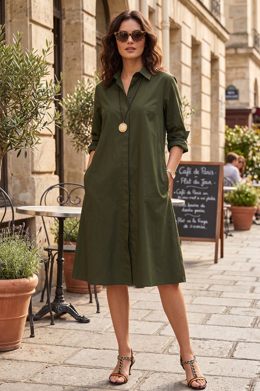 Green Knee Length Shirt Dress
