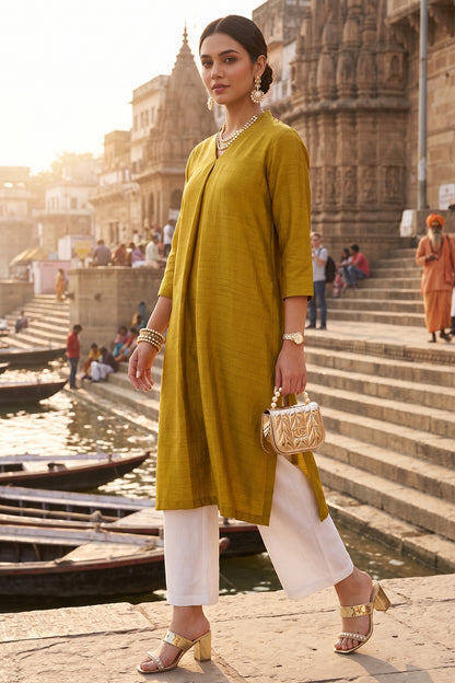 Green Silk Box Pleat Kurta Set