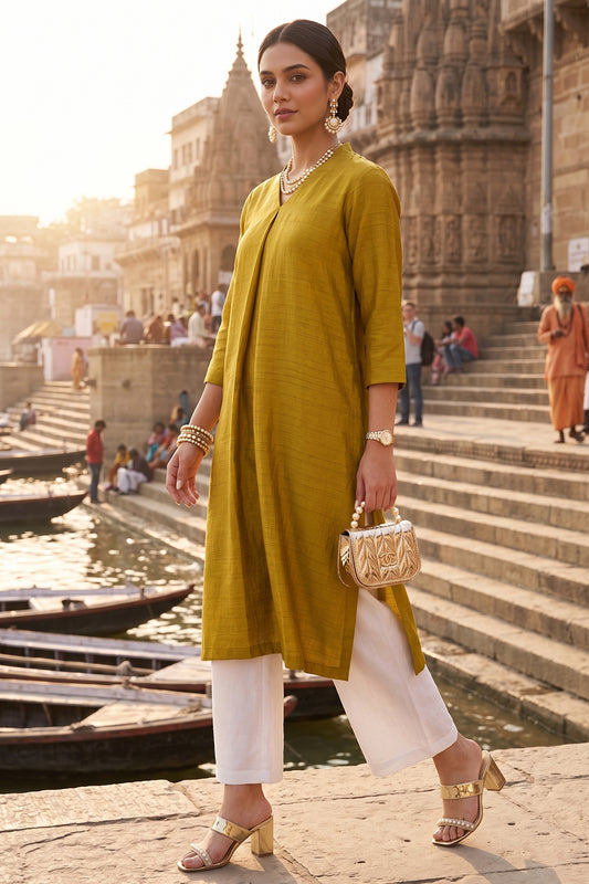 Green Silk Box Pleat Kurta Set