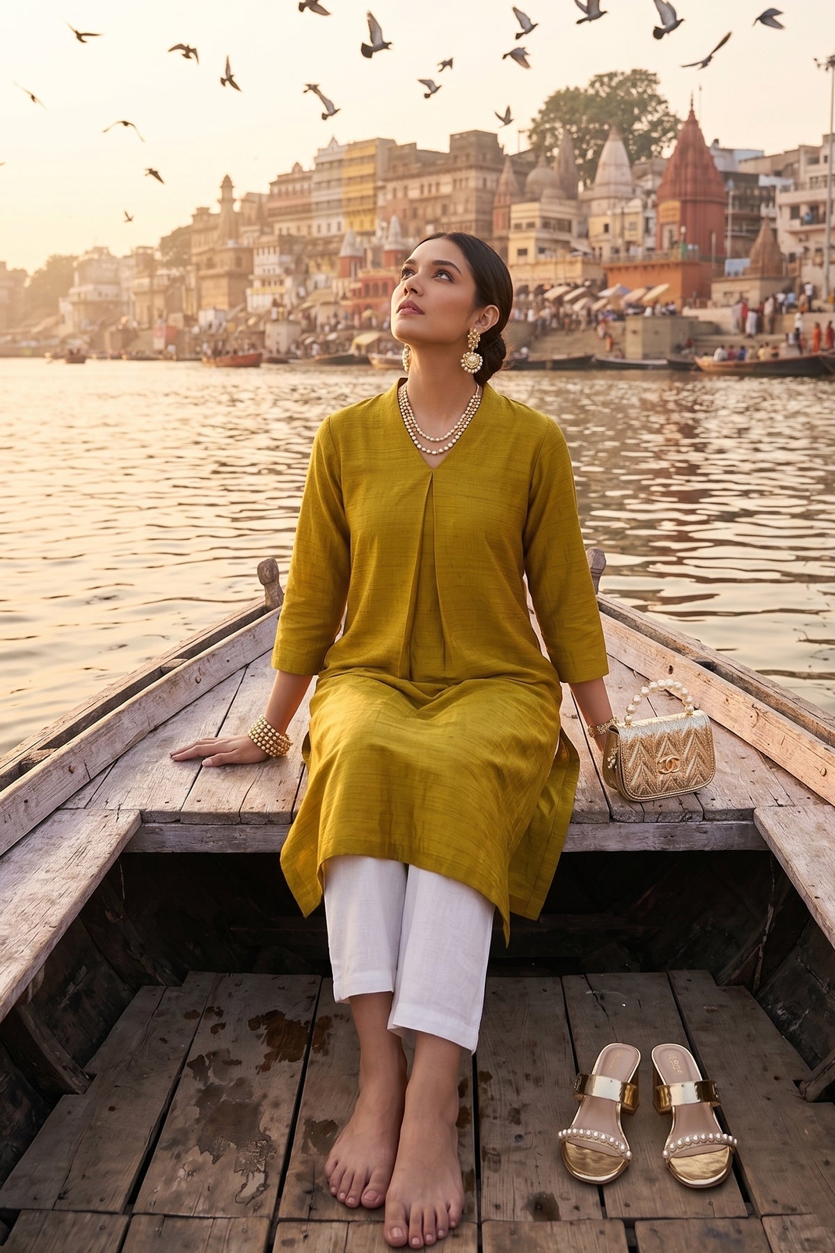 Green Silk Box Pleat Kurta Set