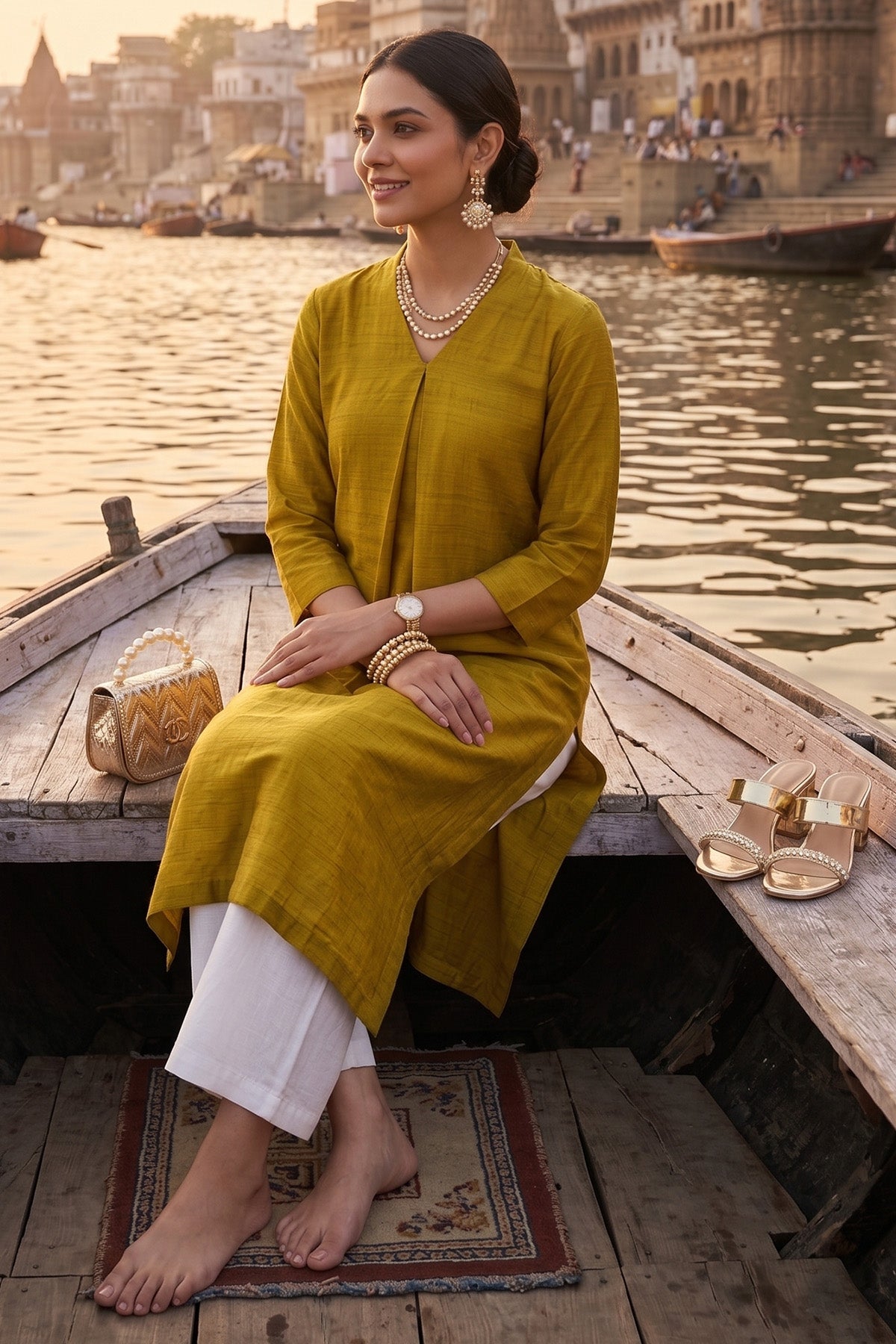 Green Silk Box Pleat Kurta Set