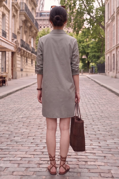 Grey Cotton Mini Shirt Dress