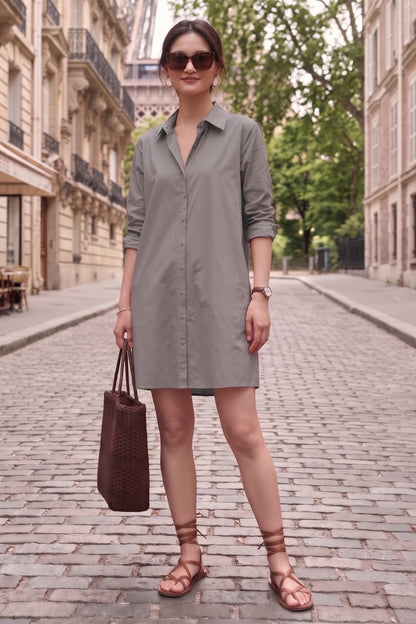 Grey Cotton Mini Shirt Dress