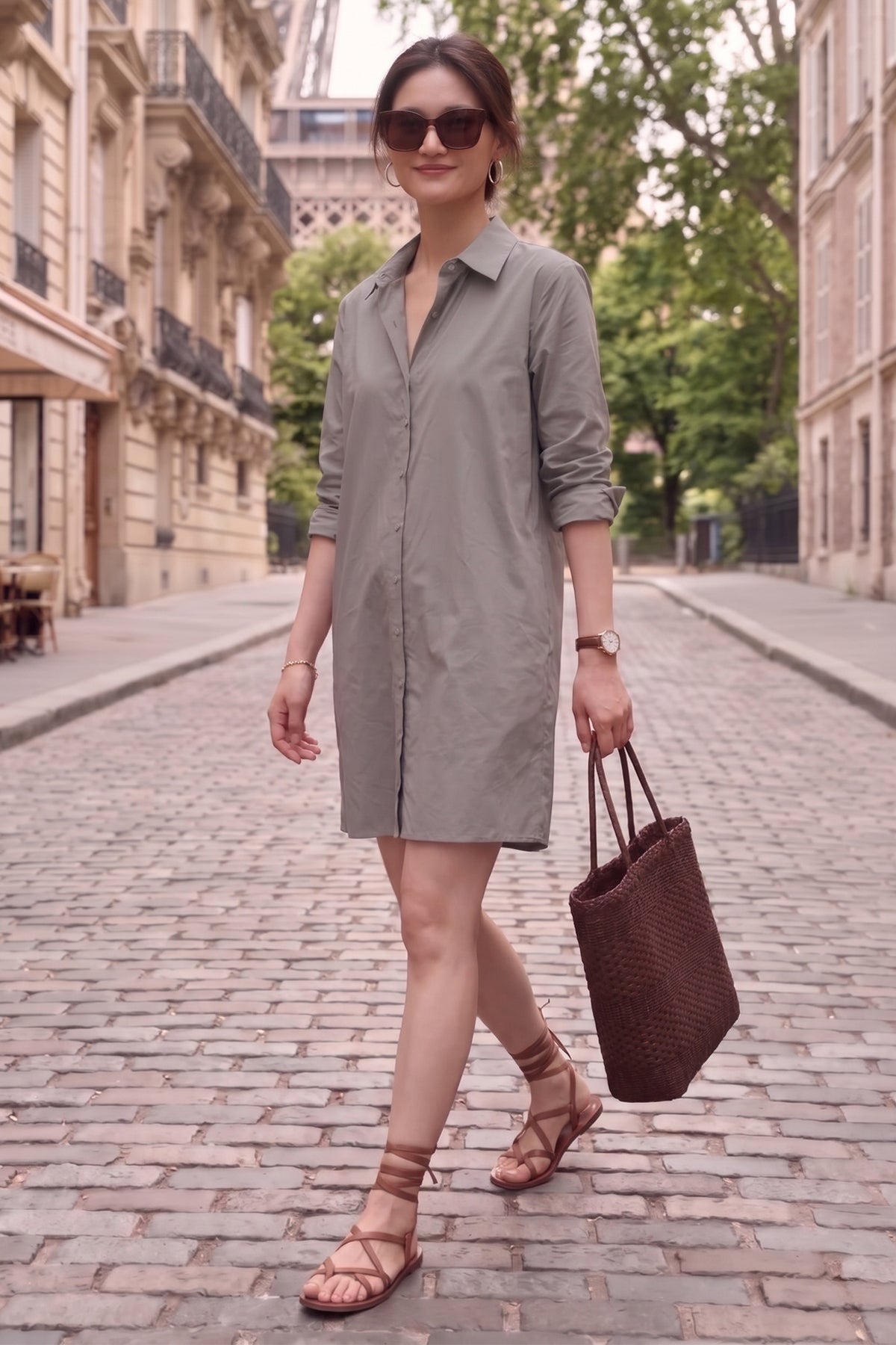 Grey Cotton Mini Shirt Dress