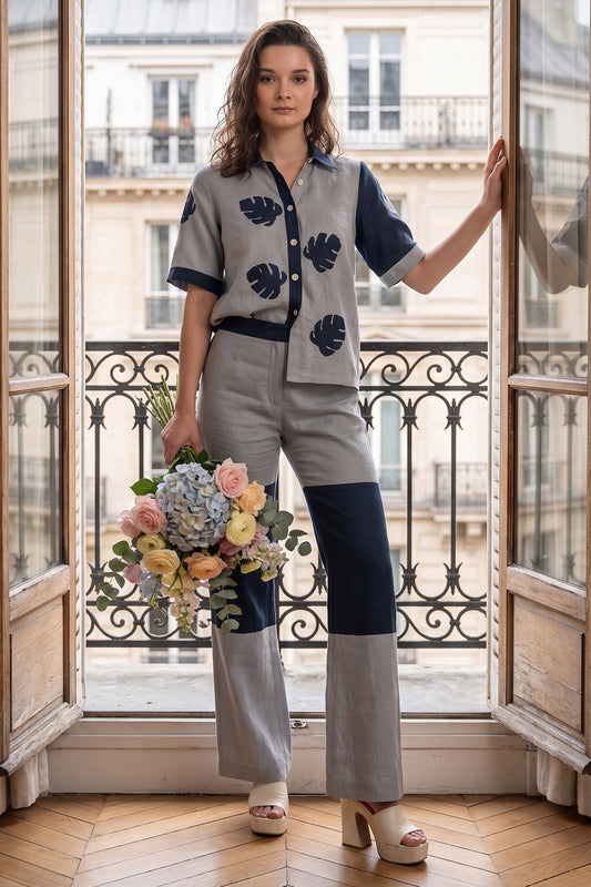 Grey Blue Leaf Patchwork Shirt