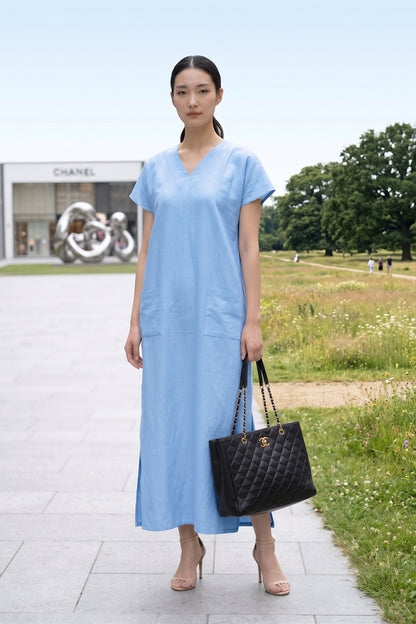 Ice Blue Front Pocket Slit Dress