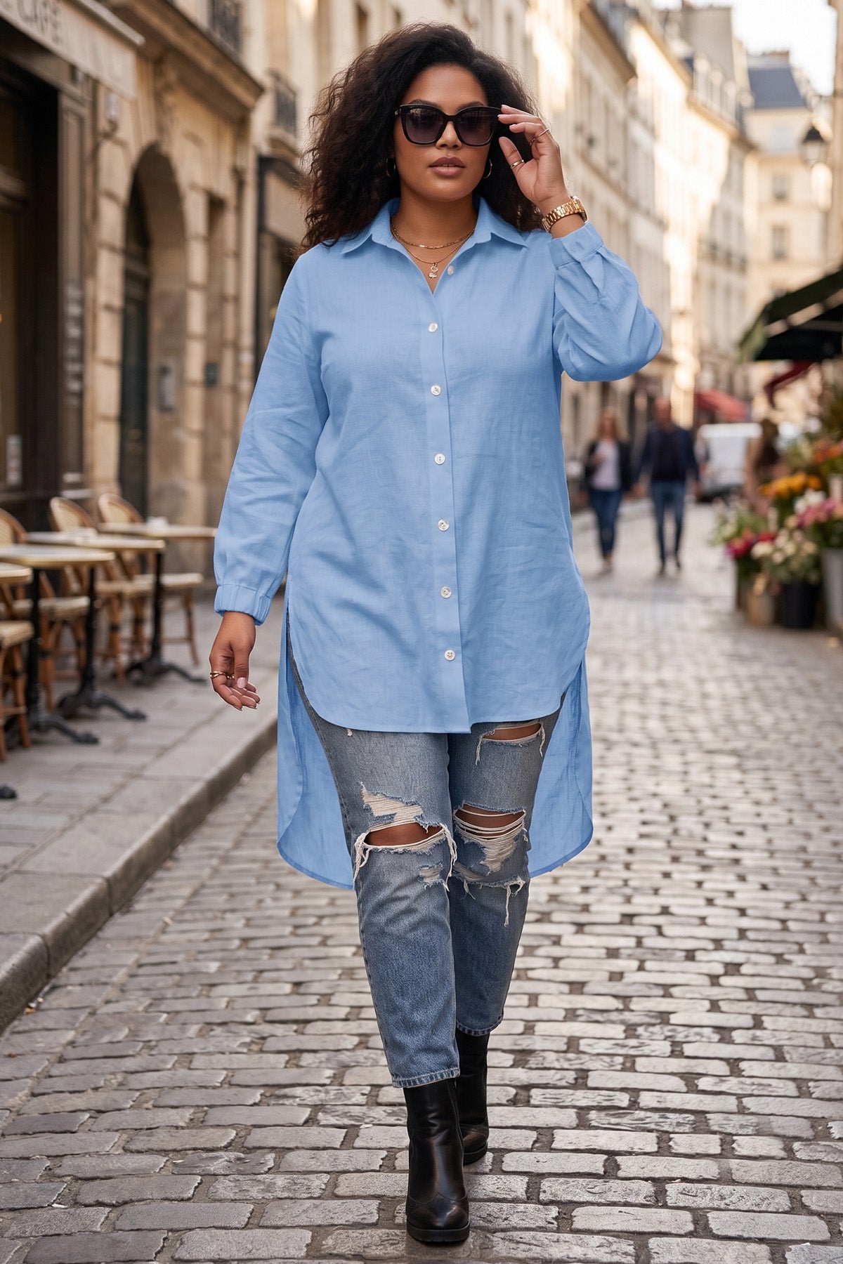 Ice Blue High Low Button Shirt