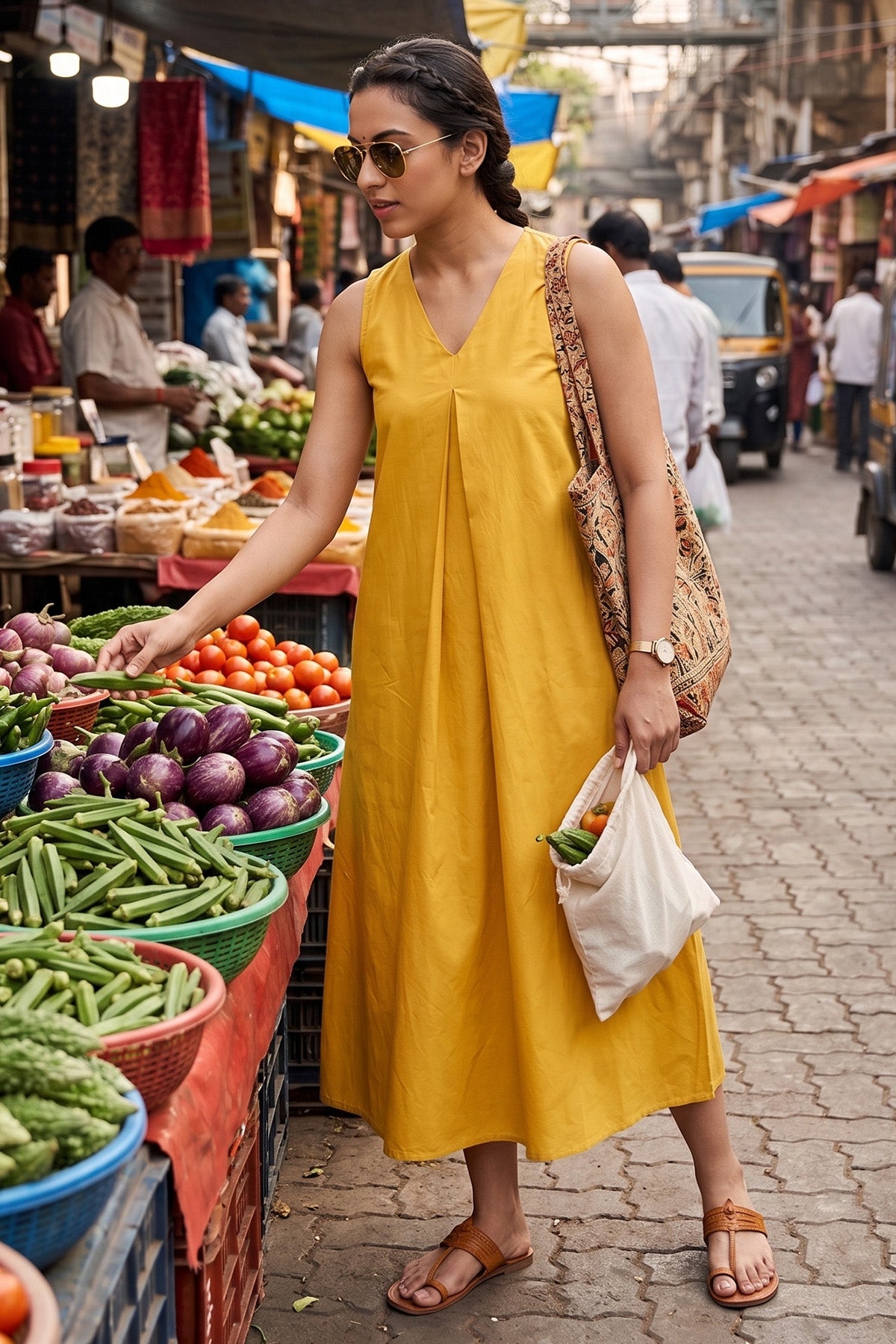 Mustard Box Pleat Cotton Dress