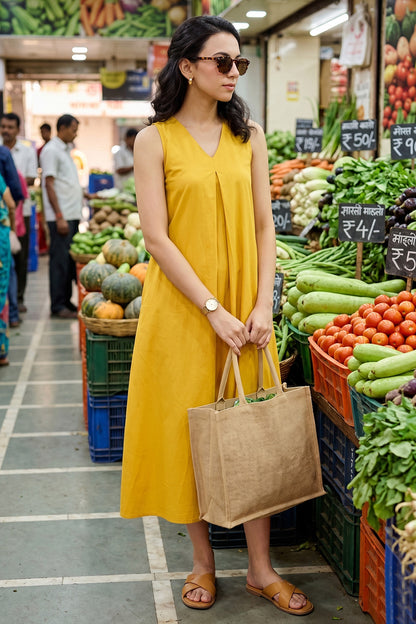 Mustard Box Pleat Cotton Dress