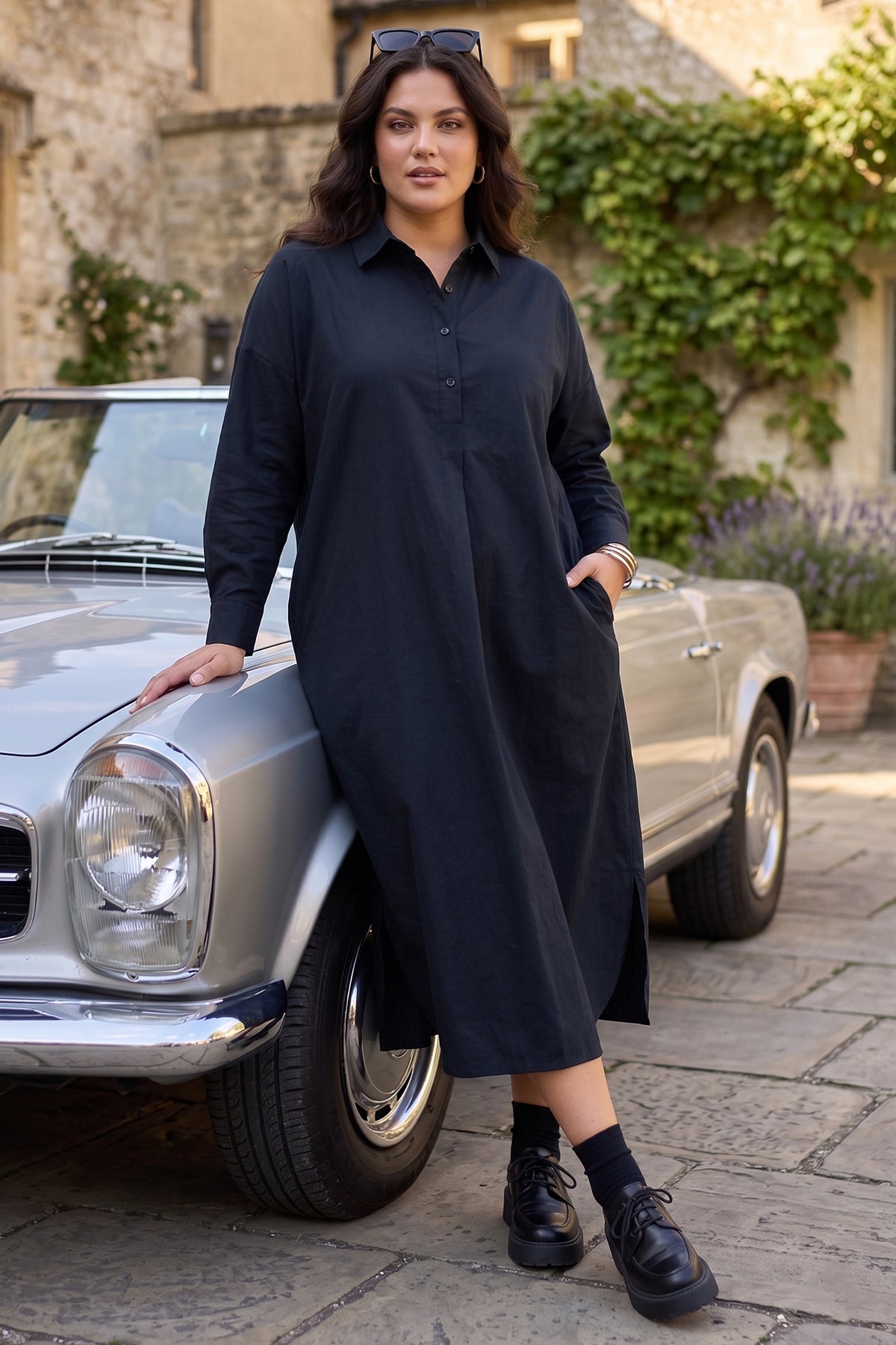 Navy Cotton Cambric Midi Dress