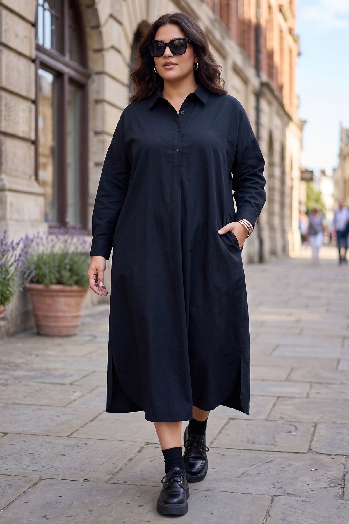 Navy Cotton Cambric Midi Dress