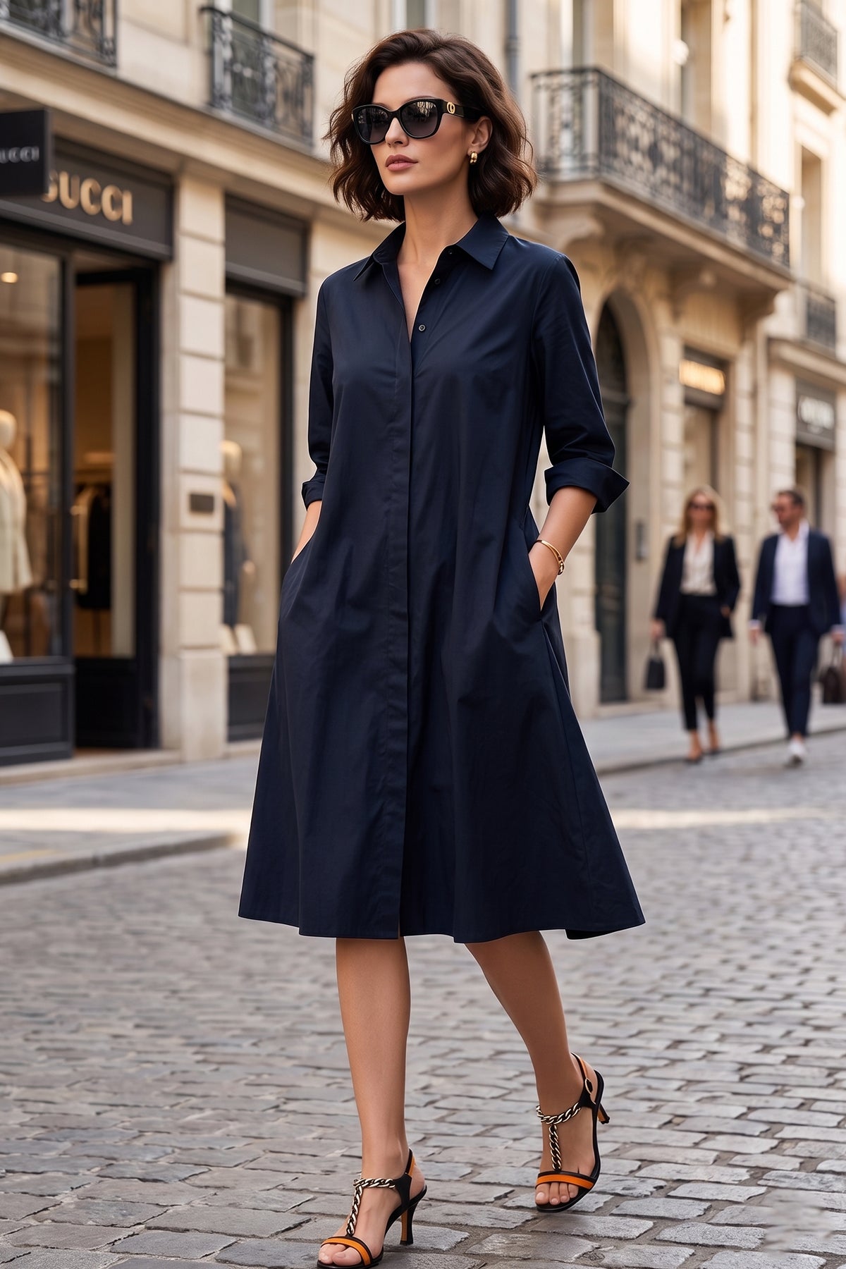 Navy Knee Length Shirt Dress