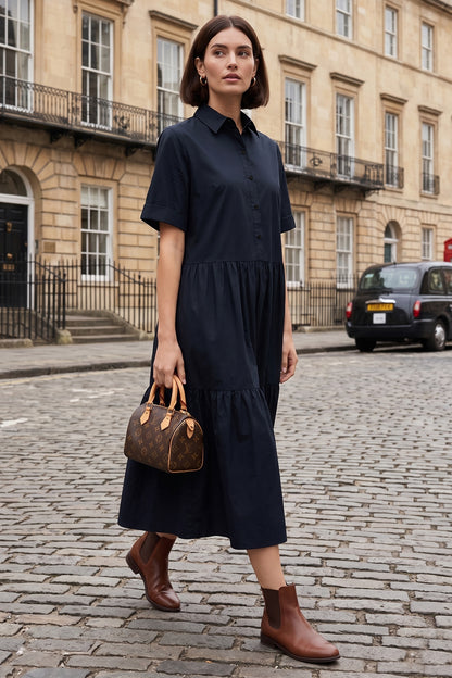 Navy Button Tiered Midi Dress