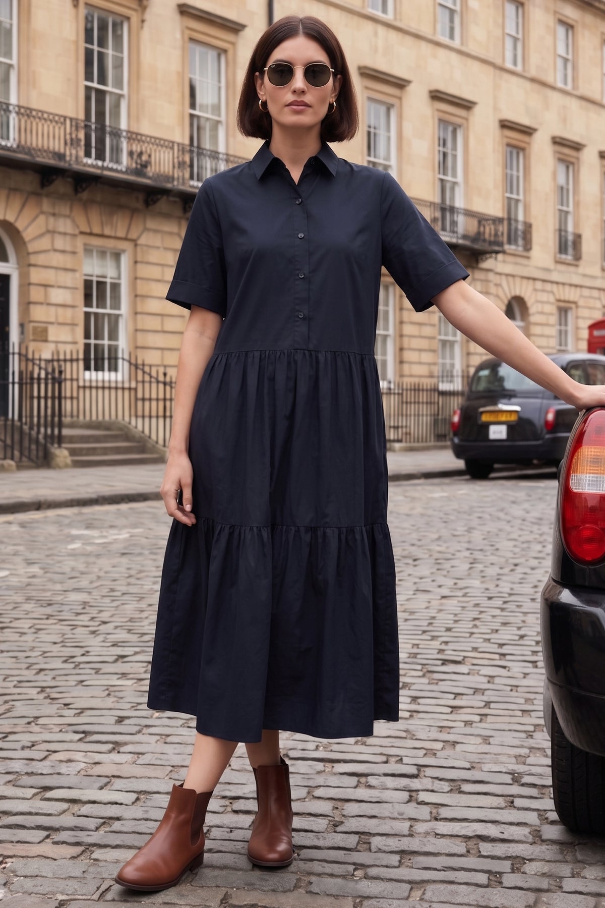 Navy Button Tiered Midi Dress