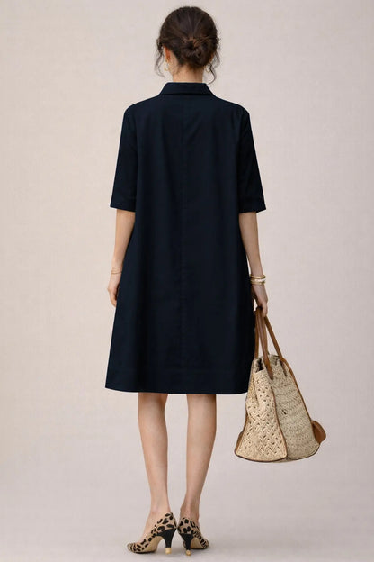 Navy Cotton Box Pleated Dress SNEHA B