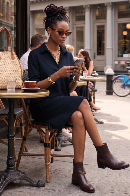 Navy Cotton Box Pleated Dress